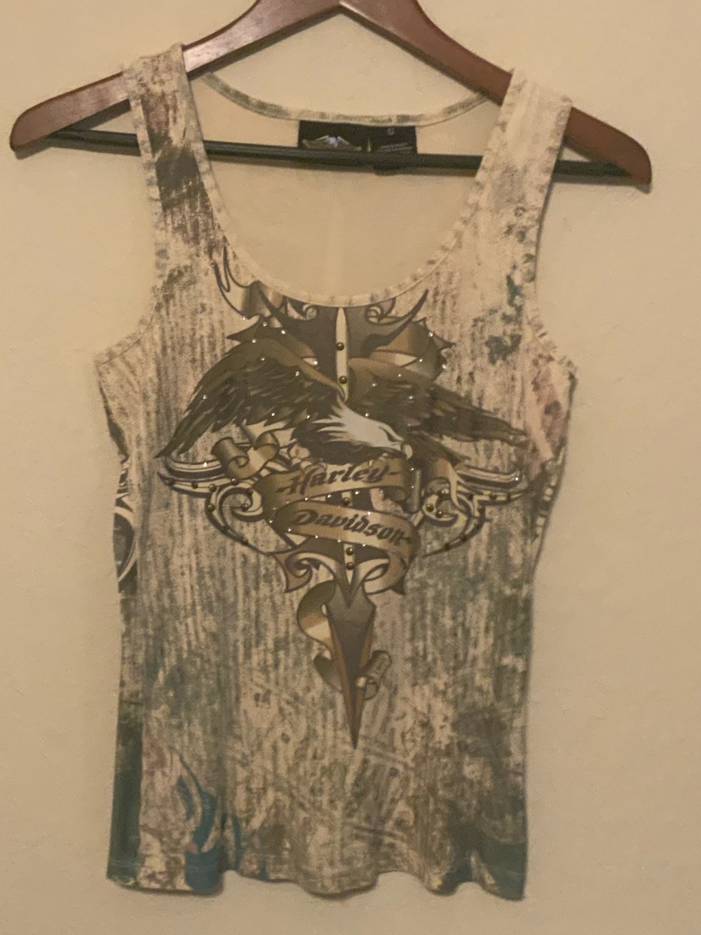 Harley Davidson 1903 Eagle Sword graphic tank with rhinestones and brass studs